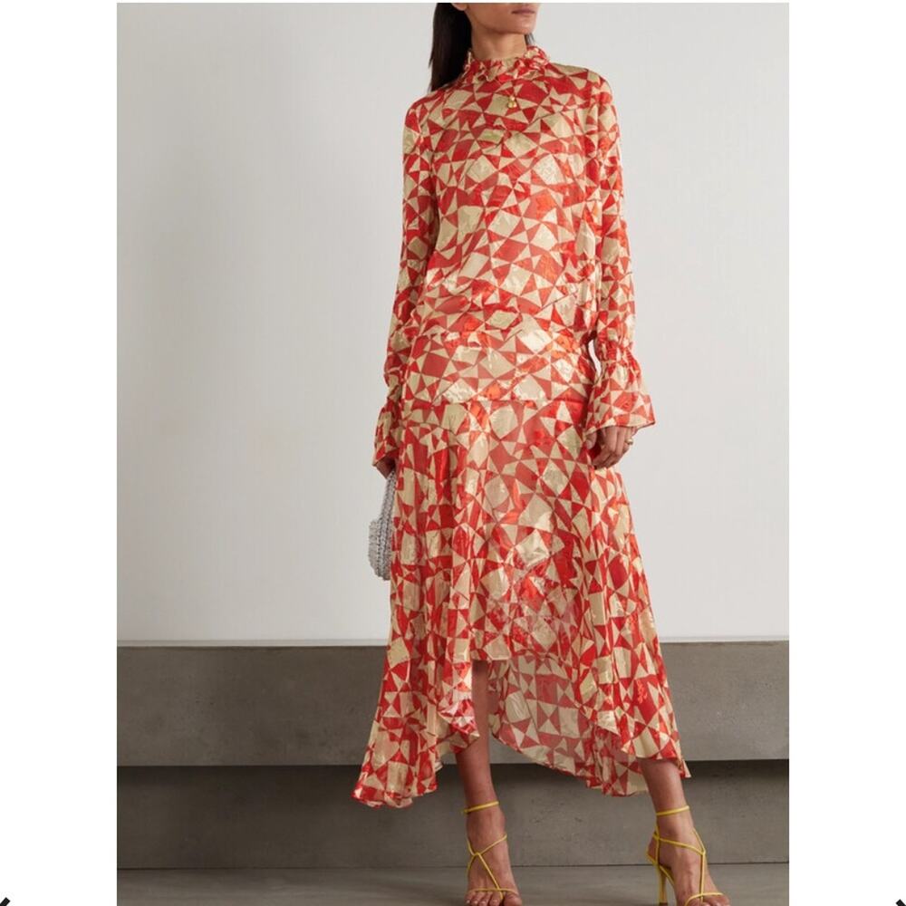 Preen by Thorton Bregazzi Circus Asymmetric Printed Devore Satin Silk Dress L